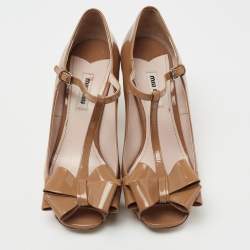 Pre Owned Miu Miu Brown Patent Leather Bow Peep Toe T-Bar Pumps Size 38