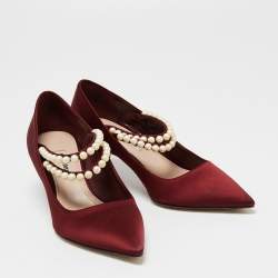 Miu Miu Burgundy Satin Faux Pearl Embellished Pumps Size 36