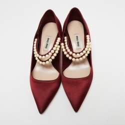 Miu Miu Burgundy Satin Faux Pearl Embellished Pumps Size 36