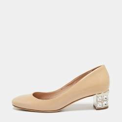 مملوكة مسبقًا Miu Miu Beige Patent Leather Crystal Embellished Block Heel Pumps Size 36