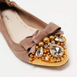 Pre Owned Miu Miu Brown Leather Crystal Embellished Ballet Flats Size 38.5