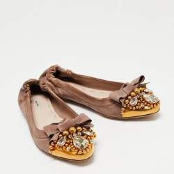 Pre Owned Miu Miu Brown Leather Crystal Embellished Ballet Flats Size 38.5