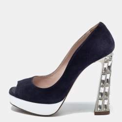 Pre Owned Miu Miu Navy Blue Suede Crystal Heel Peep Toe Platform Pumps Size 36
