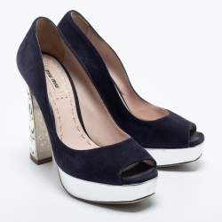 Pre Owned Miu Miu Navy Blue Suede Crystal Heel Peep Toe Platform Pumps Size 36