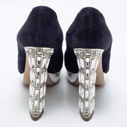 Pre Owned Miu Miu Navy Blue Suede Crystal Heel Peep Toe Platform Pumps Size 36