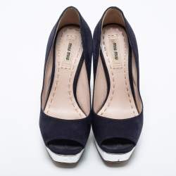 Pre Owned Miu Miu Navy Blue Suede Crystal Heel Peep Toe Platform Pumps Size 36