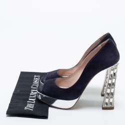 Pre Owned Miu Miu Navy Blue Suede Crystal Heel Peep Toe Platform Pumps Size 36