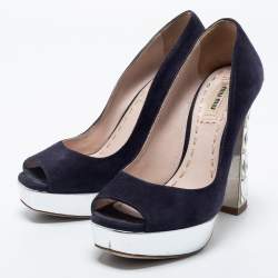 Pre Owned Miu Miu Navy Blue Suede Crystal Heel Peep Toe Platform Pumps Size 36