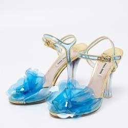 مملوكة مسبقًا Miu Miu Blue/Gold PVC and Leather Floral Embellished Sandals Size 37