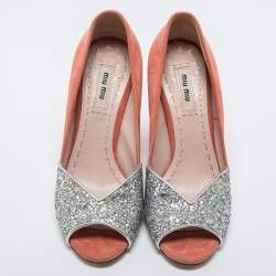 Pre Owned Miu Miu Silver/Coral Pink Coarse Glitter and Suede Peep-Toe Pumps Size 36.5