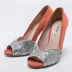Pre Owned Miu Miu Silver/Coral Pink Coarse Glitter and Suede Peep-Toe Pumps Size 36.5