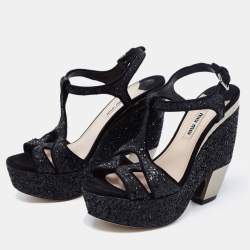 Pre Owned Miu Miu Black Coarse Glitter Curved Heel Platform Ankle Strap Sandals Size 36.5