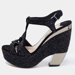 Pre Owned Miu Miu Black Coarse Glitter Curved Heel Platform Ankle Strap Sandals Size 36.5