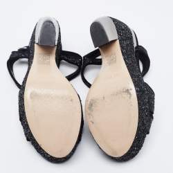 Pre Owned Miu Miu Black Coarse Glitter Curved Heel Platform Ankle Strap Sandals Size 36.5