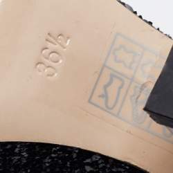 Pre Owned Miu Miu Black Coarse Glitter Curved Heel Platform Ankle Strap Sandals Size 36.5