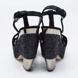 Pre Owned Miu Miu Black Coarse Glitter Curved Heel Platform Ankle Strap Sandals Size 36.5