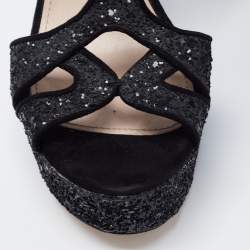 Pre Owned Miu Miu Black Coarse Glitter Curved Heel Platform Ankle Strap Sandals Size 36.5