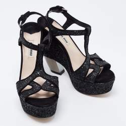 Pre Owned Miu Miu Black Coarse Glitter Curved Heel Platform Ankle Strap Sandals Size 36.5