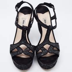 Pre Owned Miu Miu Black Coarse Glitter Curved Heel Platform Ankle Strap Sandals Size 36.5