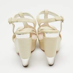 Miu Miu Cream Textured Leather Strappy Platform Block Heel Sandals Size 36