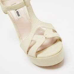 Miu Miu Cream Textured Leather Strappy Platform Block Heel Sandals Size 36