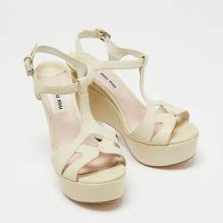 Miu Miu Cream Textured Leather Strappy Platform Block Heel Sandals Size 36