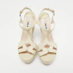Miu Miu Cream Textured Leather Strappy Platform Block Heel Sandals Size 36