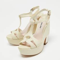 Miu Miu Cream Textured Leather Strappy Platform Block Heel Sandals Size 36