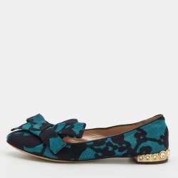 Miu Miu Blue/Black Jacquard Bow Embellished Smoking Slippers Size 38.5 