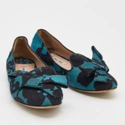 Miu Miu Blue/Black Jacquard Bow Embellished Smoking Slippers Size 38.5 
