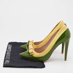 Miu Miu Green/Yellow Patent Leather Bow Pointed Toe Pumps Size 36