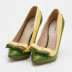 Miu Miu Green/Yellow Patent Leather Bow Pointed Toe Pumps Size 36