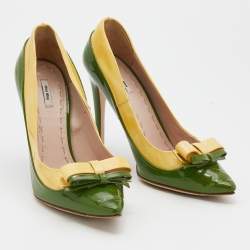 Miu Miu Green/Yellow Patent Leather Bow Pointed Toe Pumps Size 36
