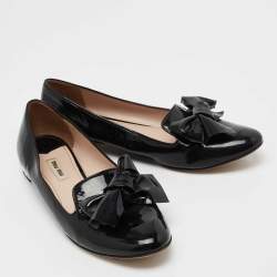 Pre Owned Miu Miu Black Patent Leather Bow Smoking Slippers Size 38.5