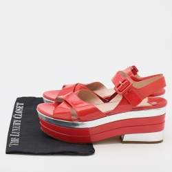 Miu Miu Coral Red Patent Leather Wedge Platform Ankle Strap Sandals Size 40