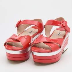 Miu Miu Coral Red Patent Leather Wedge Platform Ankle Strap Sandals Size 40