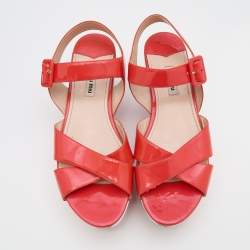 Miu Miu Coral Red Patent Leather Wedge Platform Ankle Strap Sandals Size 40