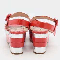 Miu Miu Coral Red Patent Leather Wedge Platform Ankle Strap Sandals Size 40