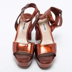 Pre Owned Miu Miu Metallic Bronze  Leather Ankle Strap Sandals Size 38.5