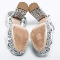 Miu Miu Silver Glitter and Leather Platform Ankle Strap Sandals Size 38.5