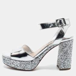 Miu Miu Silver Glitter and Leather Platform Ankle Strap Sandals Size 38.5