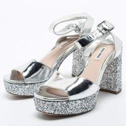 Miu Miu Silver Glitter and Leather Platform Ankle Strap Sandals Size 38.5