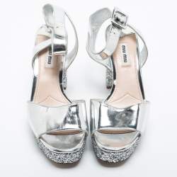 Miu Miu Silver Glitter and Leather Platform Ankle Strap Sandals Size 38.5