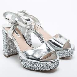 Miu Miu Silver Glitter and Leather Platform Ankle Strap Sandals Size 38.5