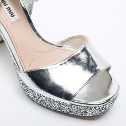 Miu Miu Silver Glitter and Leather Platform Ankle Strap Sandals Size 38.5