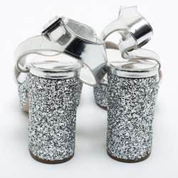 Miu Miu Silver Glitter and Leather Platform Ankle Strap Sandals Size 38.5