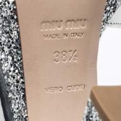 Miu Miu Silver Glitter and Leather Platform Ankle Strap Sandals Size 38.5