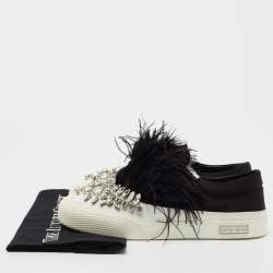Pre Owned Miu Miu Black/White Satin and Feathers Slip On Sneakers Size 40