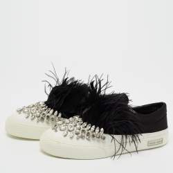 Pre Owned Miu Miu Black/White Satin and Feathers Slip On Sneakers Size 40
