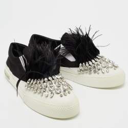 Pre Owned Miu Miu Black/White Satin and Feathers Slip On Sneakers Size 40